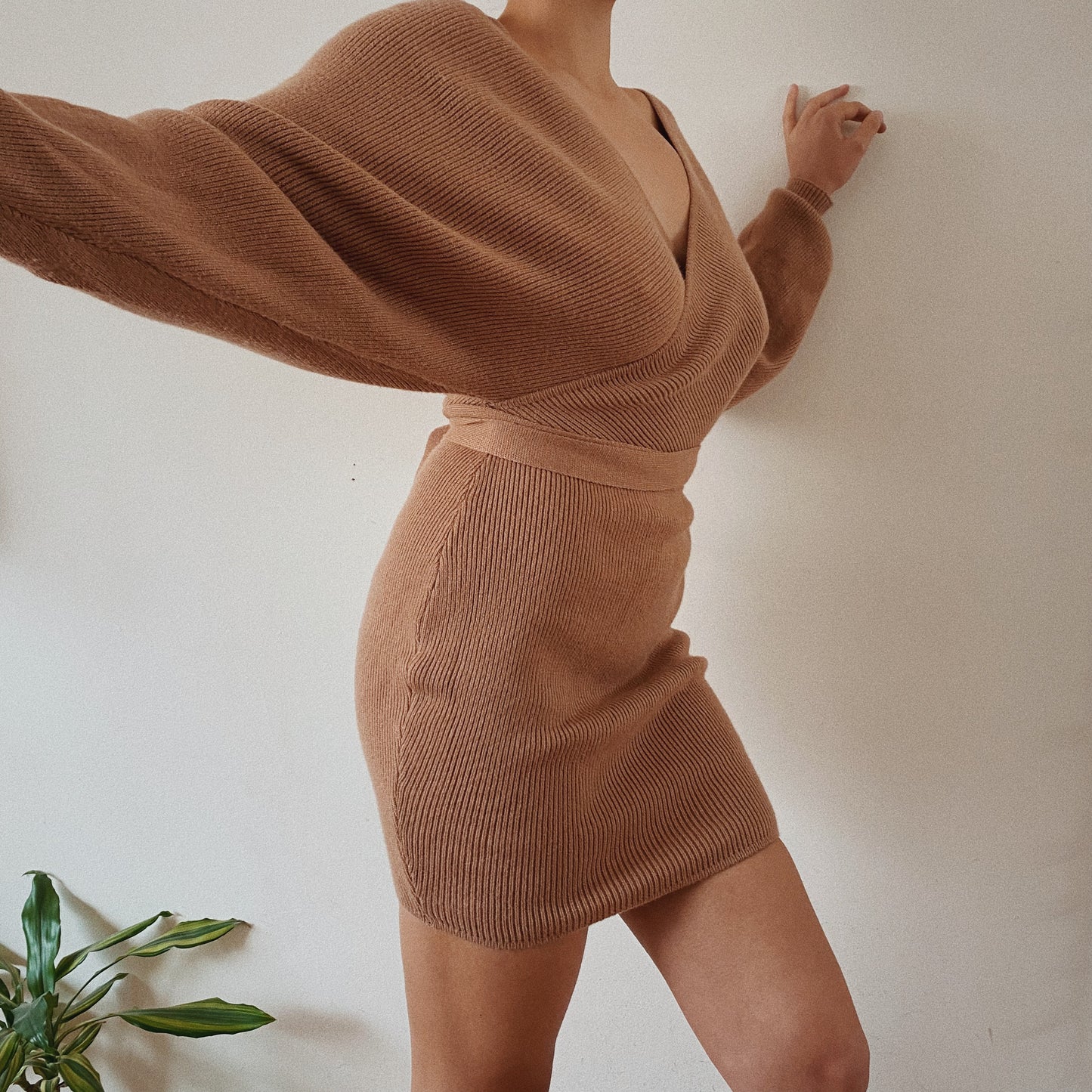 Belted Nude Ribbed Knit Dress