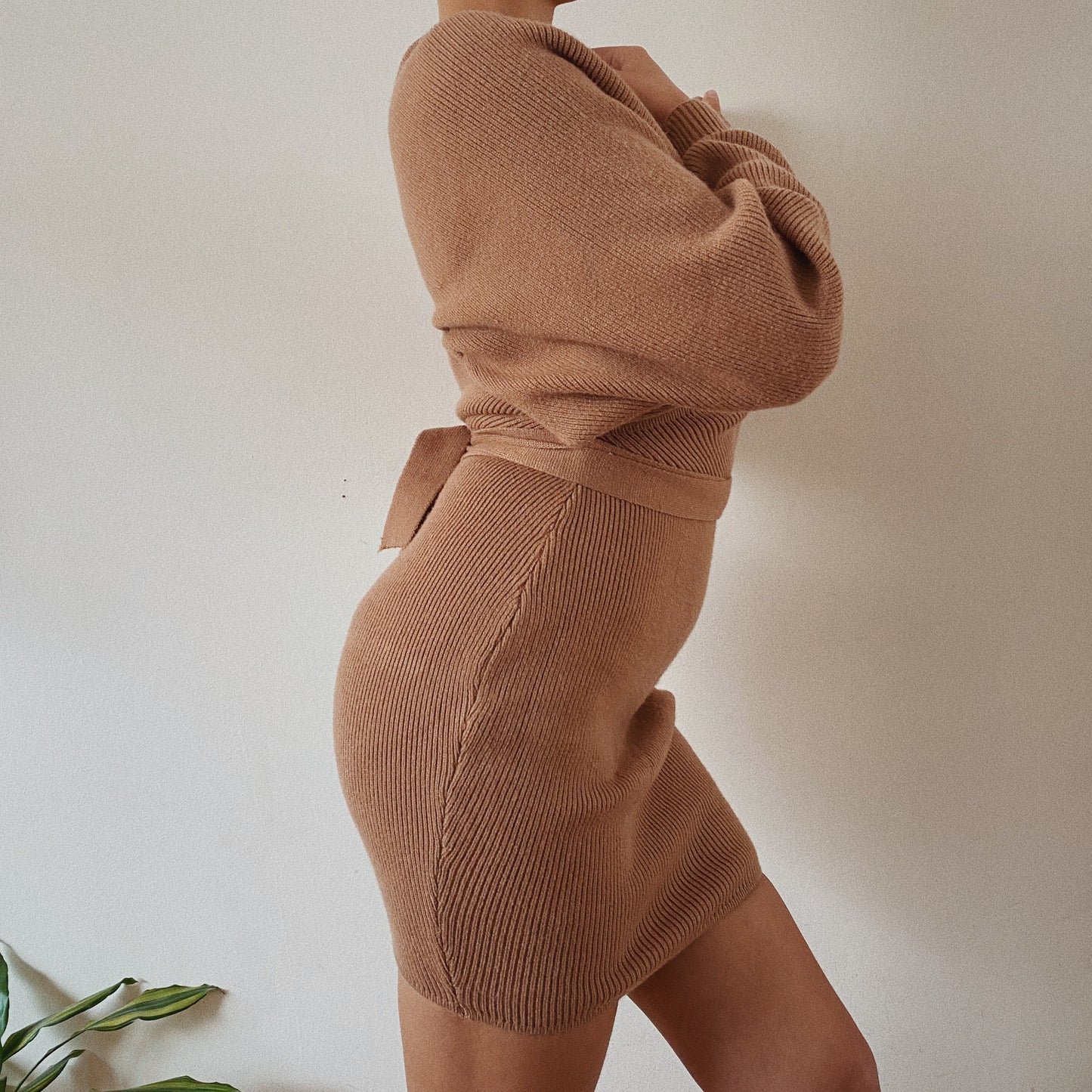 Belted Nude Ribbed Knit Dress