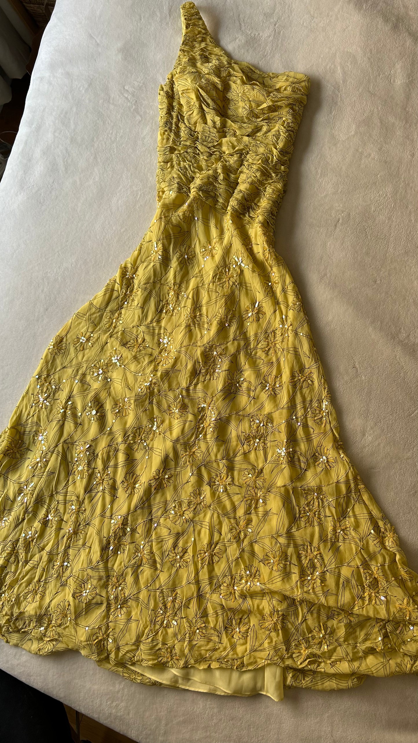 One Shoulder Yellow Silk Ethereal Embelished Dress