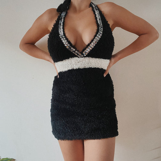 Fuzzy Fleece Winter Halter Mini Dress