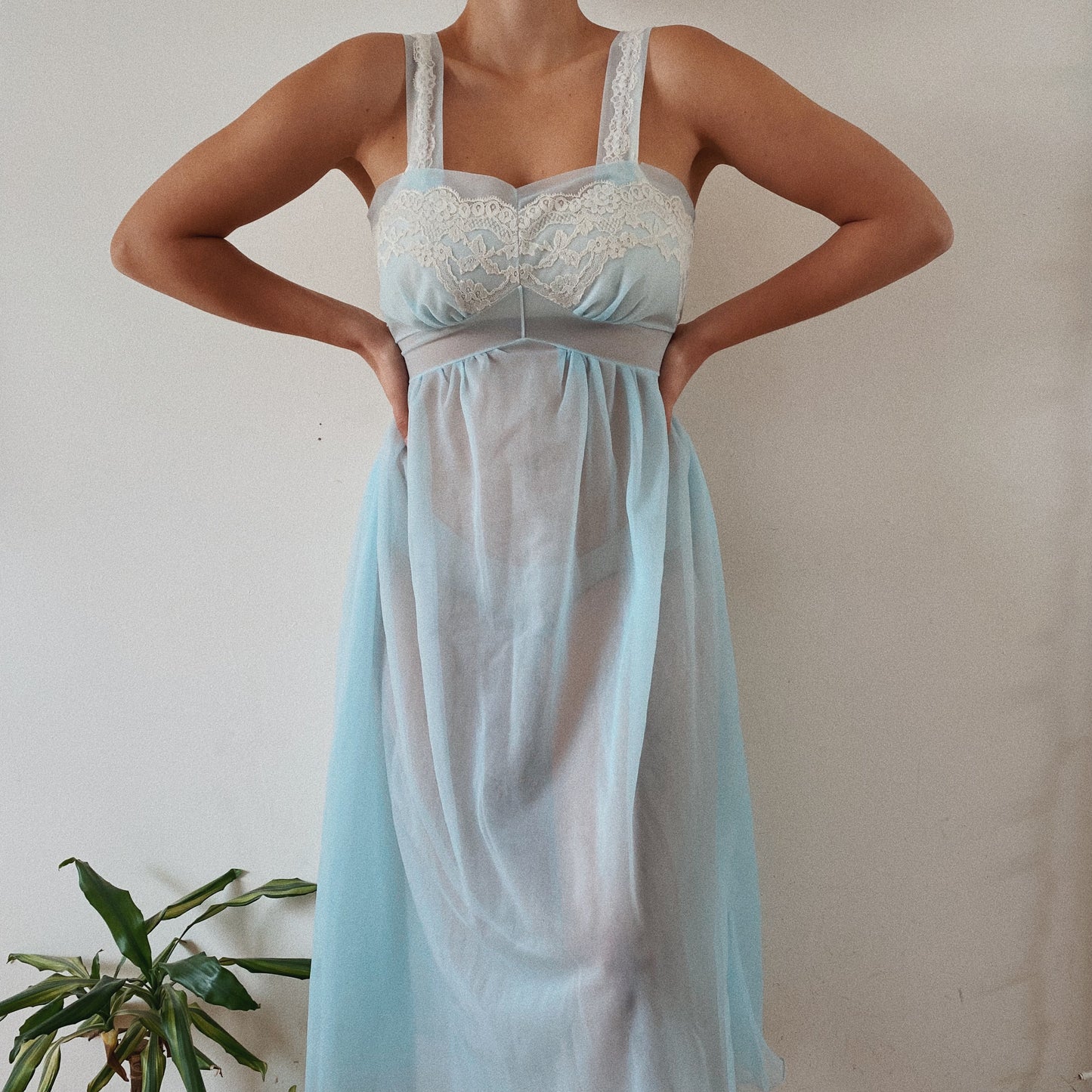 Vintage Sheer Lace Bust Blue Dress