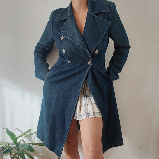 Vintage Denim Long Trench Jacket