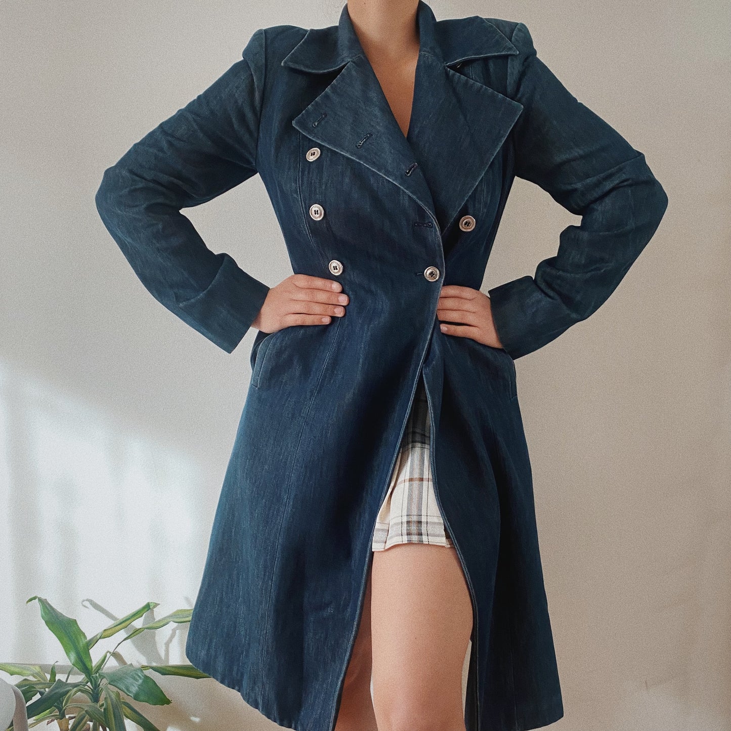 Vintage Denim Long Trench Jacket