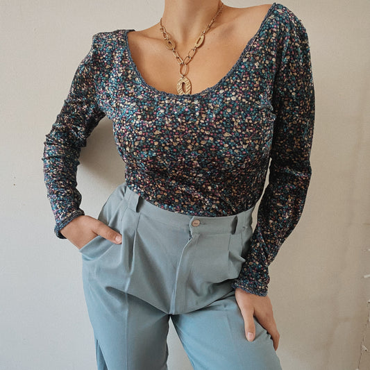 Velvet Floral Wide Neck Long Sleeve