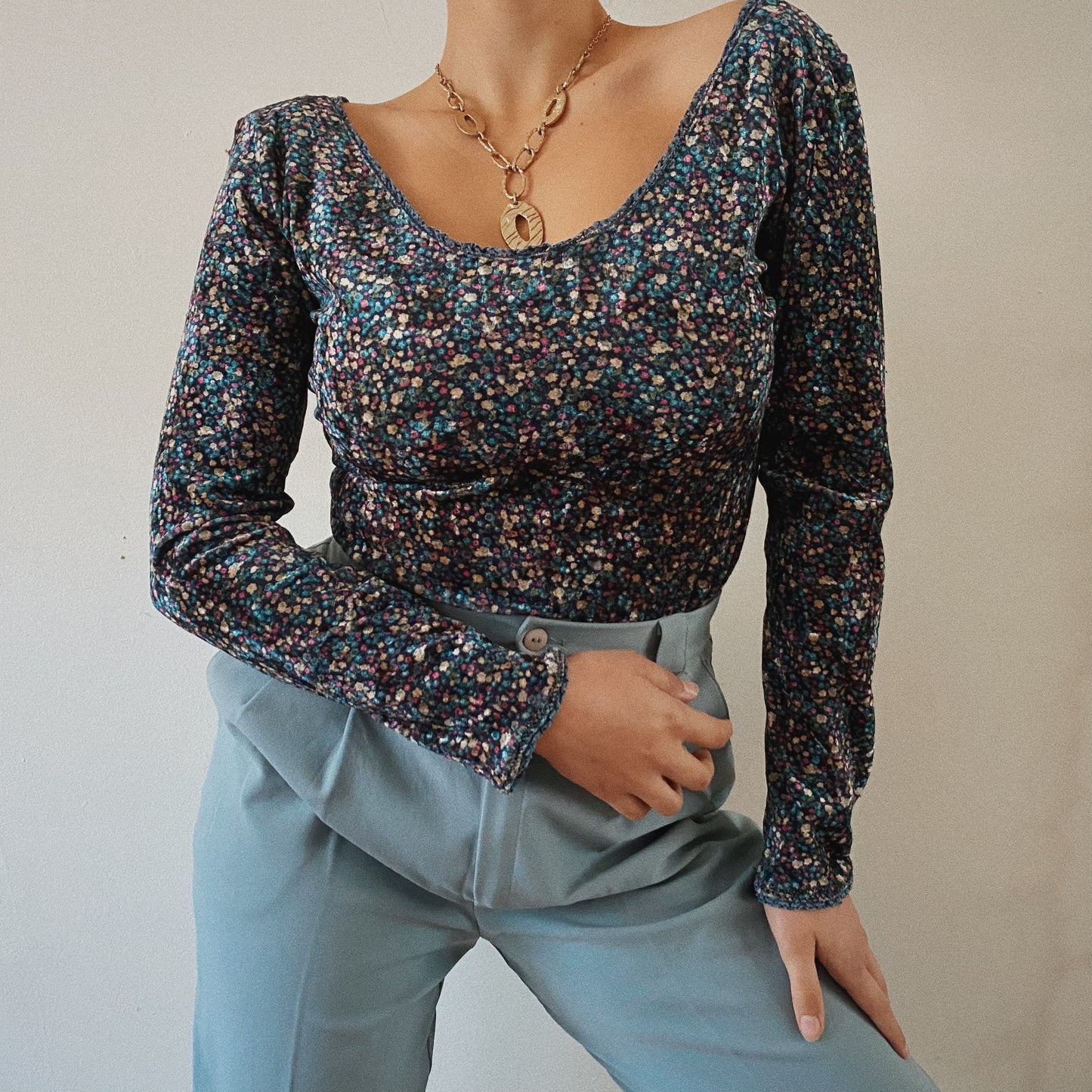 Velvet Floral Wide Neck Long Sleeve