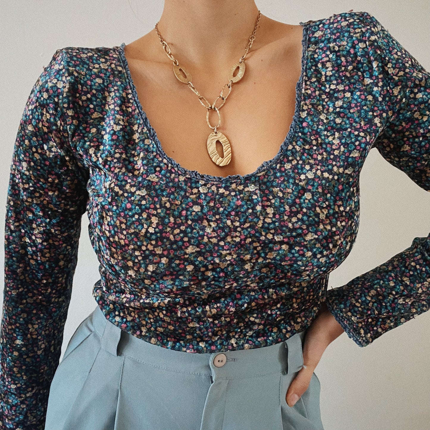 Velvet Floral Wide Neck Long Sleeve