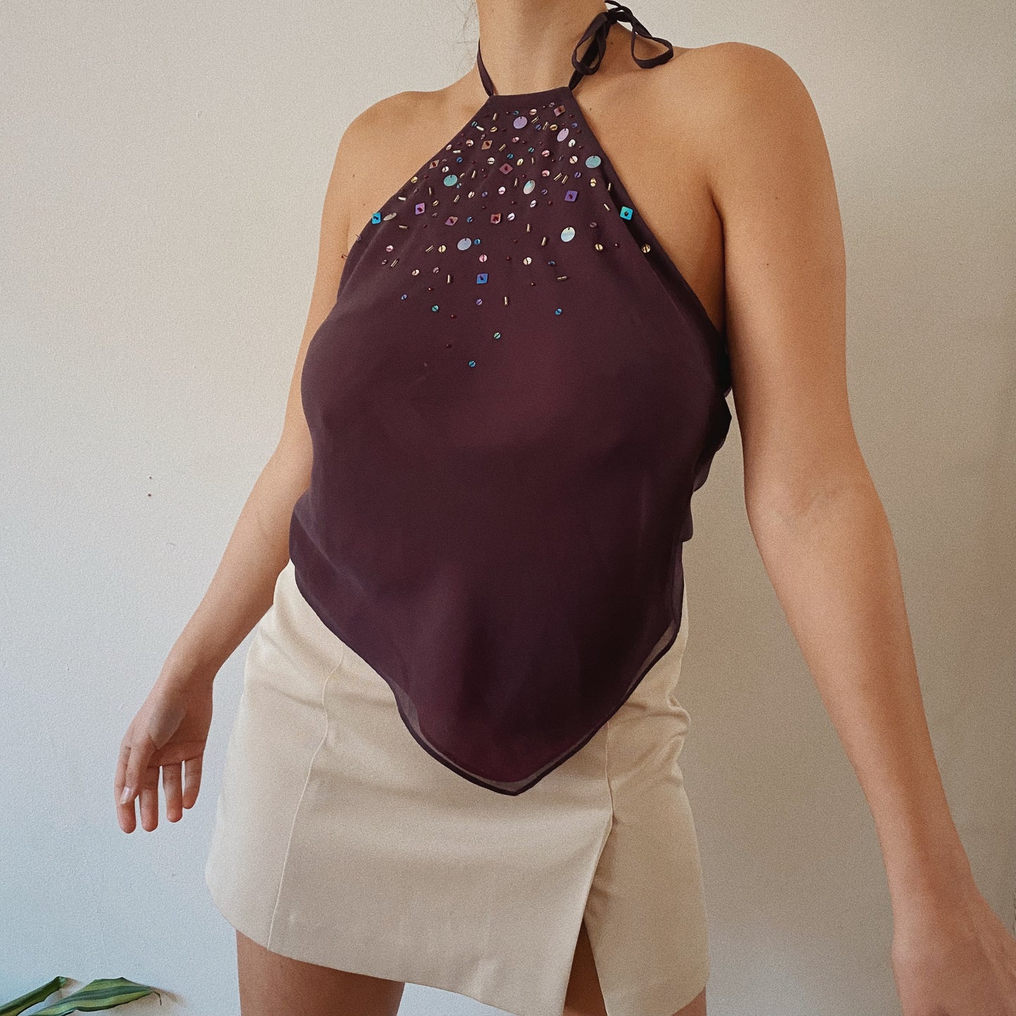 Y2K Embellished Halter Burgundy Top