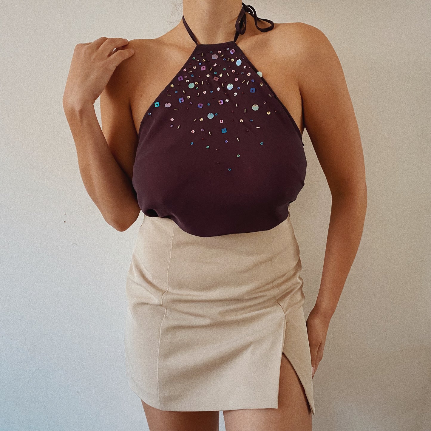 Y2K Embellished Halter Burgundy Top